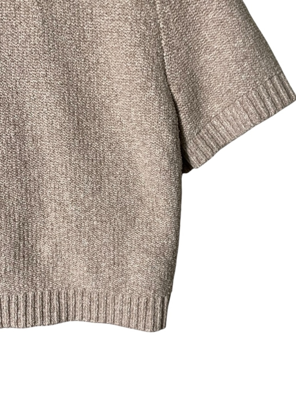 Abercrombie & Fitch Short-Sleeve Crewneck Sweater in Light Taupe with Cream Trim - Picture 2 of 7